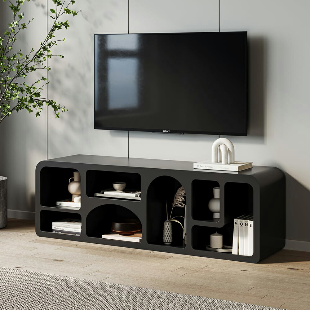 CAGUUU テレビ台 ローボード 完成品 幅160cm 黒 おしゃれ 収納 ディスプレイラック アーチ型 幾何学 デザイン シェルフ 韓国 モダン インテリア ブラック テレビボード 60インチ 65インチ 対応 オープンラック 飾り棚 モノトーン 黒家具｜CAGUUU