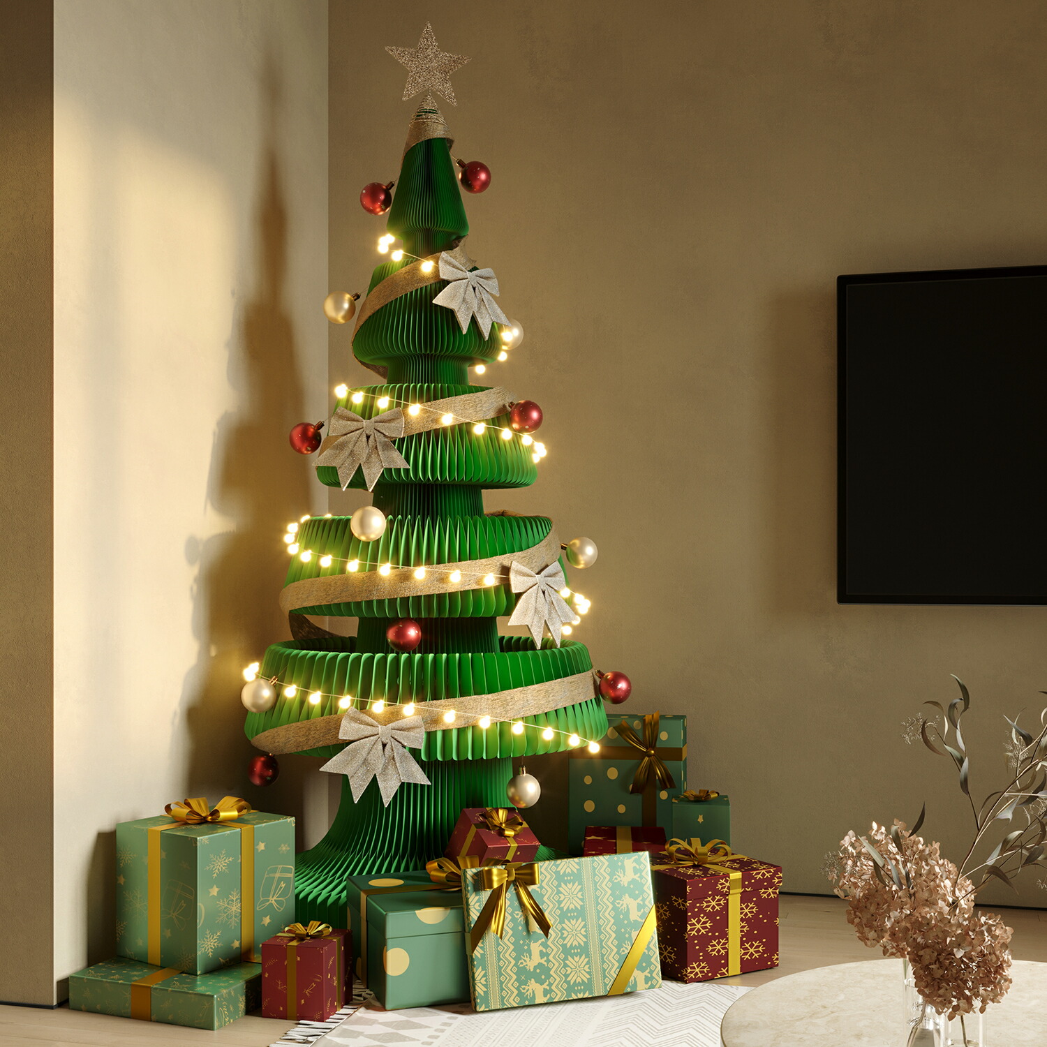 CAGUUU 紙製クリスマスツリー エコクリスマスツリー 折りたたみクリスマスツリー クリスマスデコレーション クリスマスツリー セット USBライト付き クリスマスツリー シンプルインテリア クリスマスデコセット 簡単組み立て