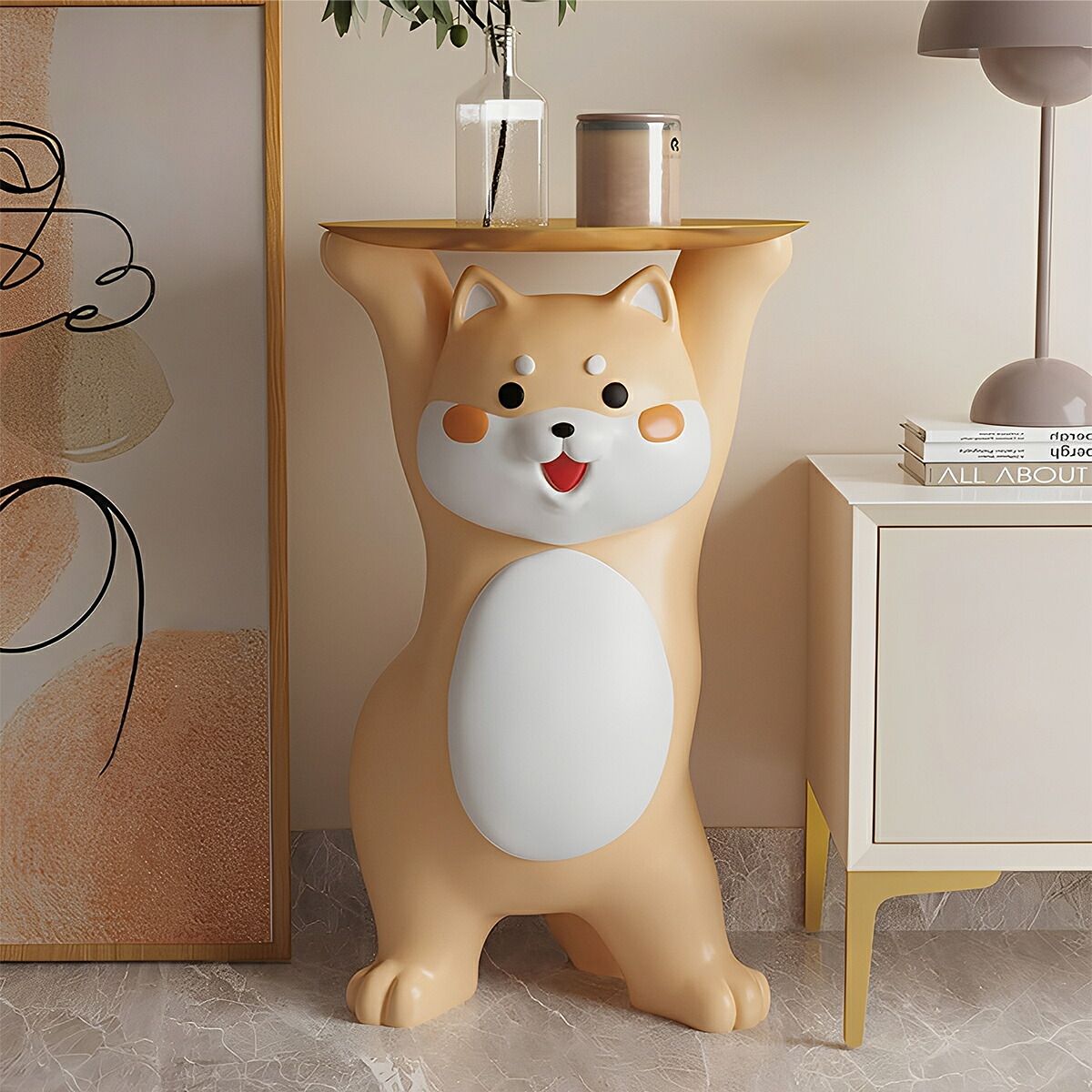 【在庫処分セール】CAGUUU サイドテーブル 柴犬デザイン マルチトレー しばいぬ ナイトテーブル 円型テーブル ステンレス おしゃれ モダン ベッドサイドテーブル ソファテーブル コンパクト 収納 寝室 リビング 玄関 インテリア｜CAGUUU