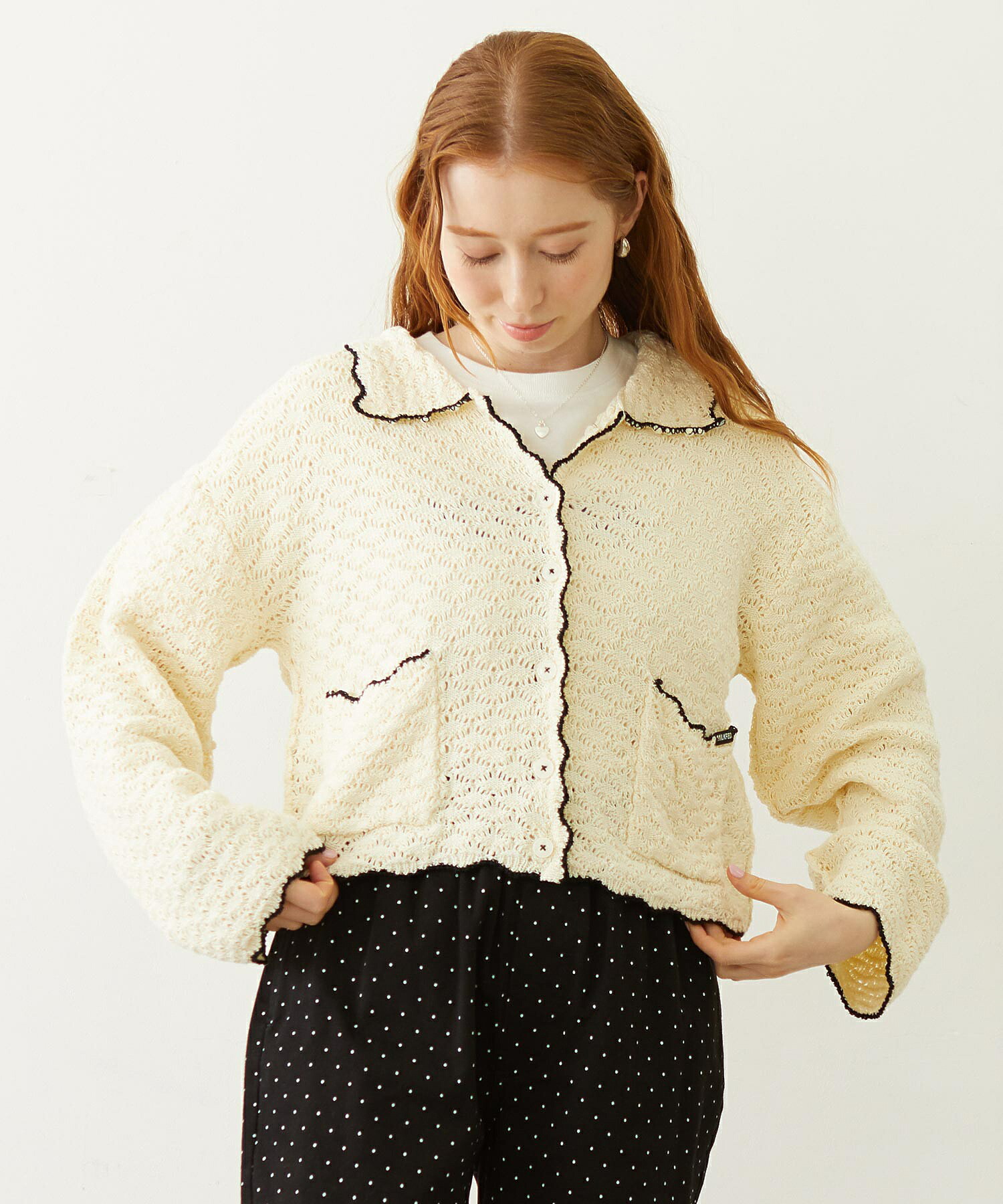 特価【30%OFF】【公式】MILKFED. ミルクフェド OPEN COLLAR CONTRAST TRIM KNIT CARDIGAN　長袖カーディガン｜XLARGE X-girl公式calif店