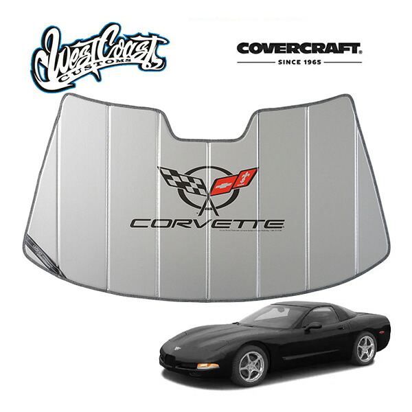 West Coast Customs 正規品 97-04y シボレー コルベット クーペ ハードトップ コンバーチブル C5 専用設計 CoverCraft製 CORVETTE クロスフラッグ ロゴ入 サンシェード シルバー 吸盤不要 折りたたみ式 カバークラフト ウエストコーストカスタムズ別注 ライセンス品|カリフォルニアカスタム店