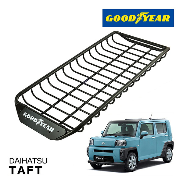 【GOODYEAR 正規品】スチール ルーフラック SKINNY PRO ルーフキャリア ルーフバスケット GOODYEARロゴ入 マットブラック サンドブラスト 内寸サイズ 118cm&times;54.6cm&times;9cm 耐荷重75kg ベースキャリア装着車両 ダイハツ タフト｜カリフォルニアカスタム店