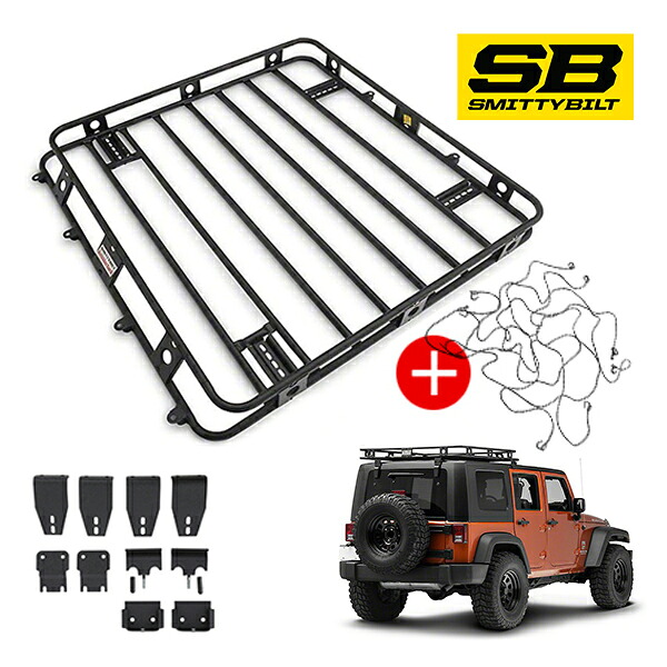 [Smittybilt 正規品] スミッティビルト ジープ JK ラングラーアンリミテッド 4ドア用 ディフェンダーラック + カーゴネット ブラックパウダーコート ルーフラック ブラケット一式セット 45454 個人宅配送可｜カリフォルニアカスタム店