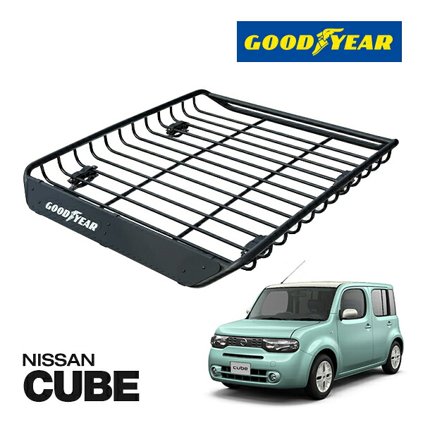 【GOODYEAR 正規品】スチール ルーフラック MEGA PRO ルーフキャリア ルーフバスケット GOODYEARロゴ入 パウダーコート仕上げ マットブラック 内寸サイズ 134cm×110cm×12cm 耐荷重100kg ベースキャリア装着車両 日産 キューブ cube
