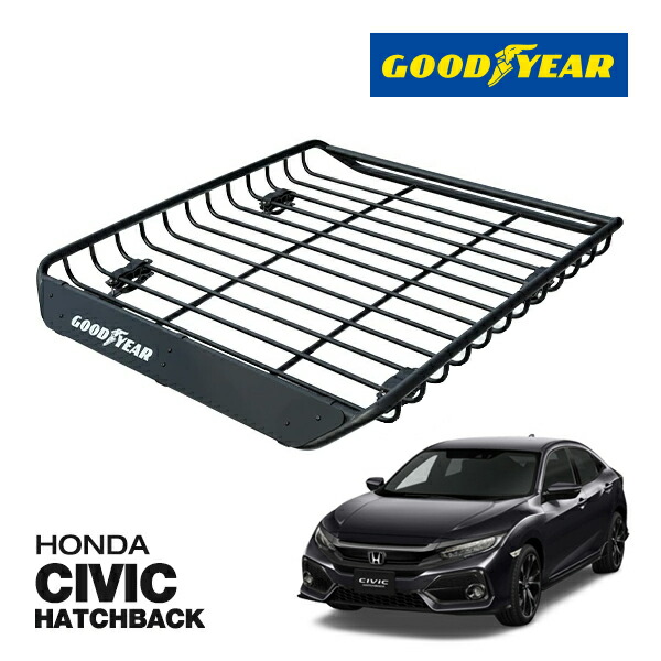 【GOODYEAR 正規品】スチール ルーフラック MEGA PRO ルーフキャリア ルーフバスケット GOODYEARロゴ入 パウダーコート仕上げ マットブラック 内寸サイズ 134cm×110cm×12cm 耐荷重100kg ベースキャリア装着車両 ホンダ シビック ハッチバック