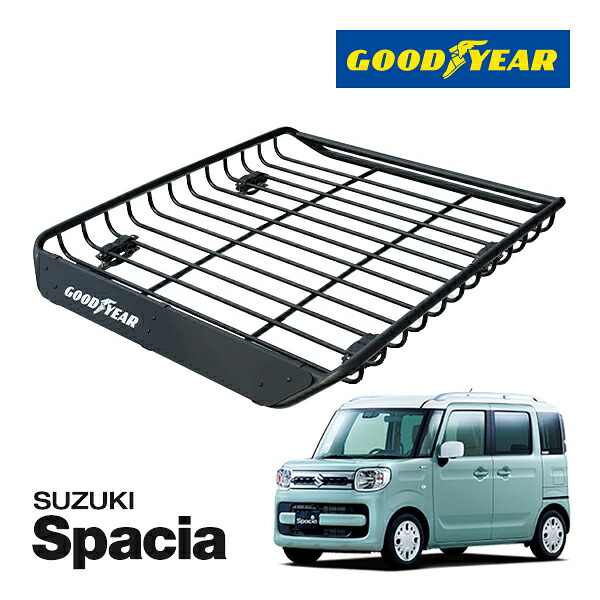【GOODYEAR 正規品】スチール ルーフラック MEGA PRO ルーフキャリア ルーフバスケット GOODYEARロゴ入 パウダーコート仕上げ マットブラック 内寸サイズ 134cm&times;110cm&times;12cm 耐荷重100kg ベースキャリア装着車両 スズキ Spacia スペーシア カスタム｜カリフォルニアカスタム店
