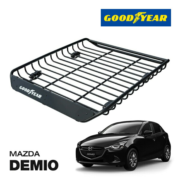 【GOODYEAR 正規品】スチール ルーフラック MEGA PRO ルーフキャリア ルーフバスケット GOODYEARロゴ入 パウダーコート仕上げ マットブラック 内寸サイズ 134cm×110cm×12cm 耐荷重100kg ベースキャリア装着車両 マツダ デミオ