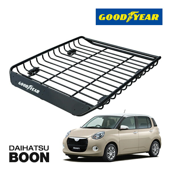 【GOODYEAR 正規品】スチール ルーフラック MEGA PRO ルーフキャリア ルーフバスケット GOODYEARロゴ入 パウダーコート仕上げ マットブラック 内寸サイズ 134cm×110cm×12cm 耐荷重100kg ベースキャリア装着車両 ダイハツ ブーン BOON