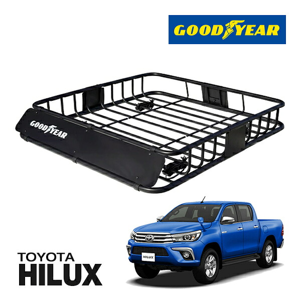 【GOODYEAR 正規品】スチール ルーフラック ROAD PRO ルーフキャリア ルーフバスケット GOODYEARロゴ入 パウダーコート仕上げ マットブラック 内寸サイズ 111cm&times;99cm&times;15cm 耐荷重100kg ベースキャリア装着車両 トヨタ ハイラックス レボ REVO｜カリフォルニアカスタム店