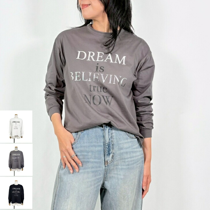 PASSIONEパシオーネ【プリントロゴTシャツ】レディース calin カラン passione カットソー Tシャツ 長袖 ロンT 大人カジュアル カジュアルコーデ 春 秋 冬 カジュアル 体型カバー ショート丈 インナー デイリー Ｍ 全3色 綿 コットン 着回し シンプル ［616934-094］