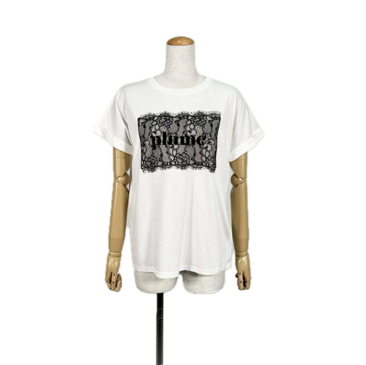 TEaM/チーム【レース切替ロゴプリントTシャツ】 レディース トップス tシャツ ロゴtシャツ カットソー レース 花柄 シアー 春 夏 秋 全3色 Ｍ 38 綿100% コットン 半袖 半袖tシャツ ロールアップスリーブ calin カラン 大人カジュアル カジュアル 体型カバー ［260-416］