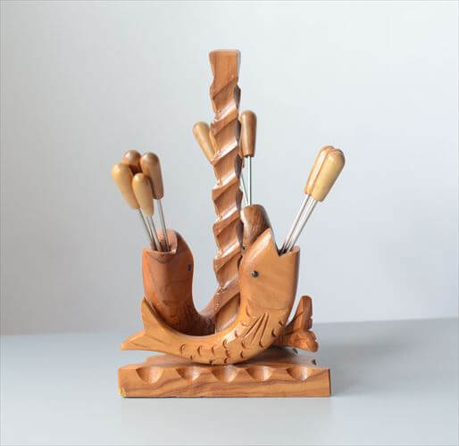 【送料無料】ドイツから お魚のカクテルフォーク ホルダー 木製 ピック デザート 食器 ヴィンテージ アンティーク_250711