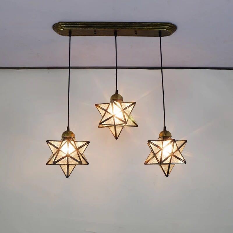 ステンドグラス．ペンダントライト 豪華天井照明ステンドグラスランプ ガラス工芸品 星柄． 電源直結タイプ