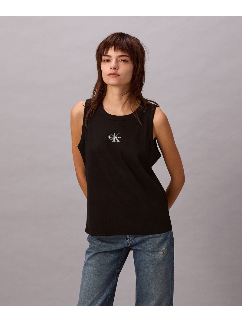 (W)【堅苦しさ販売店】 カルバンクライン リブモノグラムタンクトップ Calvin Klein Jeans 47G273G Calvin Klein Jeans カルバン・クライン トップス ノースリーブ・貯蔵タンクとっ始め 白いこと 黒いこと【貨物輸送無料】[ Fashion]