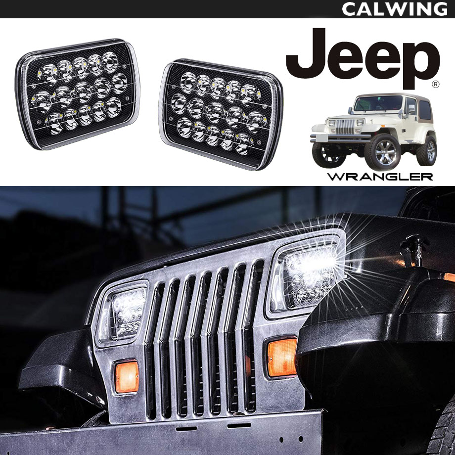超高輝度 LED カスタムヘッドライト 7x6インチ 15発 HI/LOW スタイリッシュブラックパネル LED ホワイト オフロード YJラングラー 等