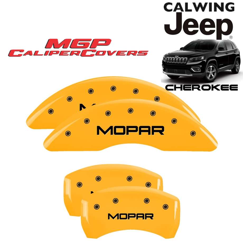 14y- ジープチェロキー フロントデュアルピストンキャリパー車 | ブレーキキャリパーカバー MOPARロゴ イエロー 4PCS MGP