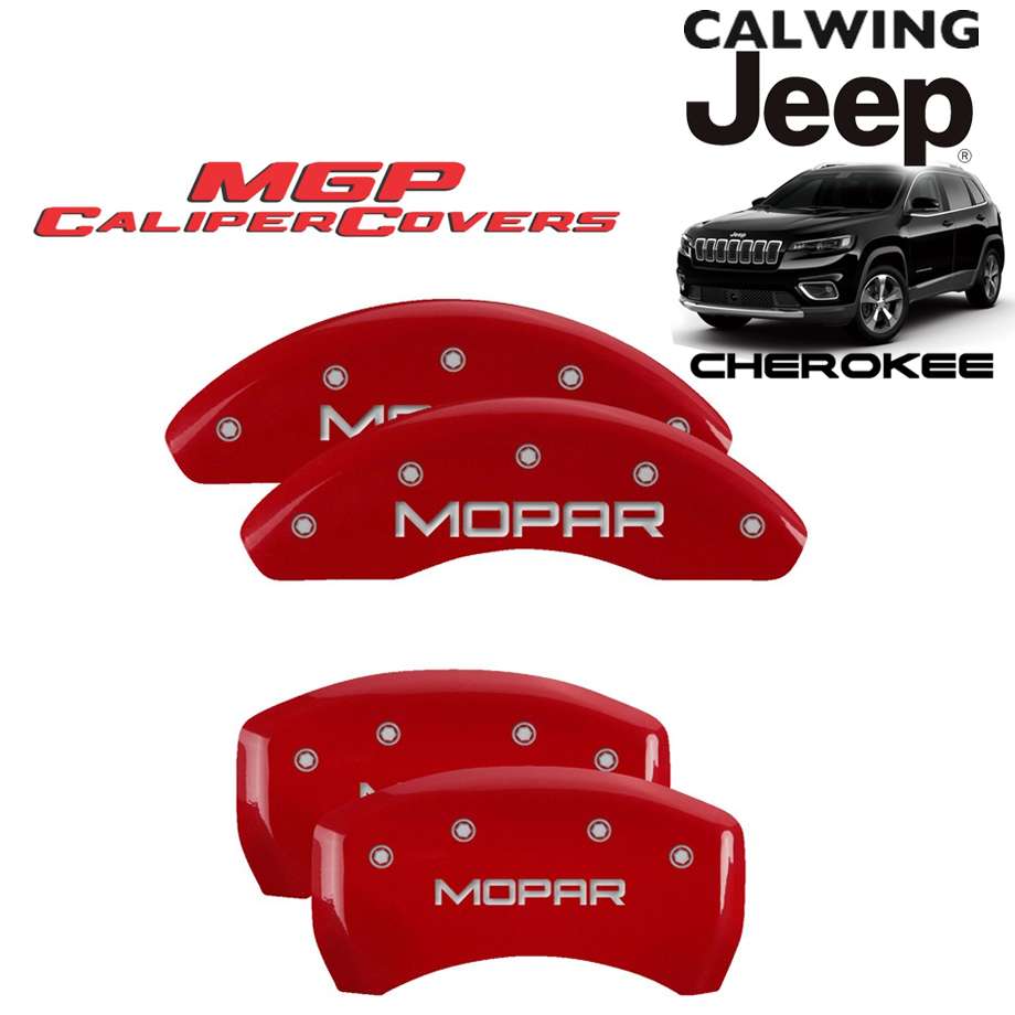 14y- ジープチェロキー フロントシングルピストンキャリパー車 | ブレーキキャリパーカバー MOPARロゴ レッド 4PCS MGP