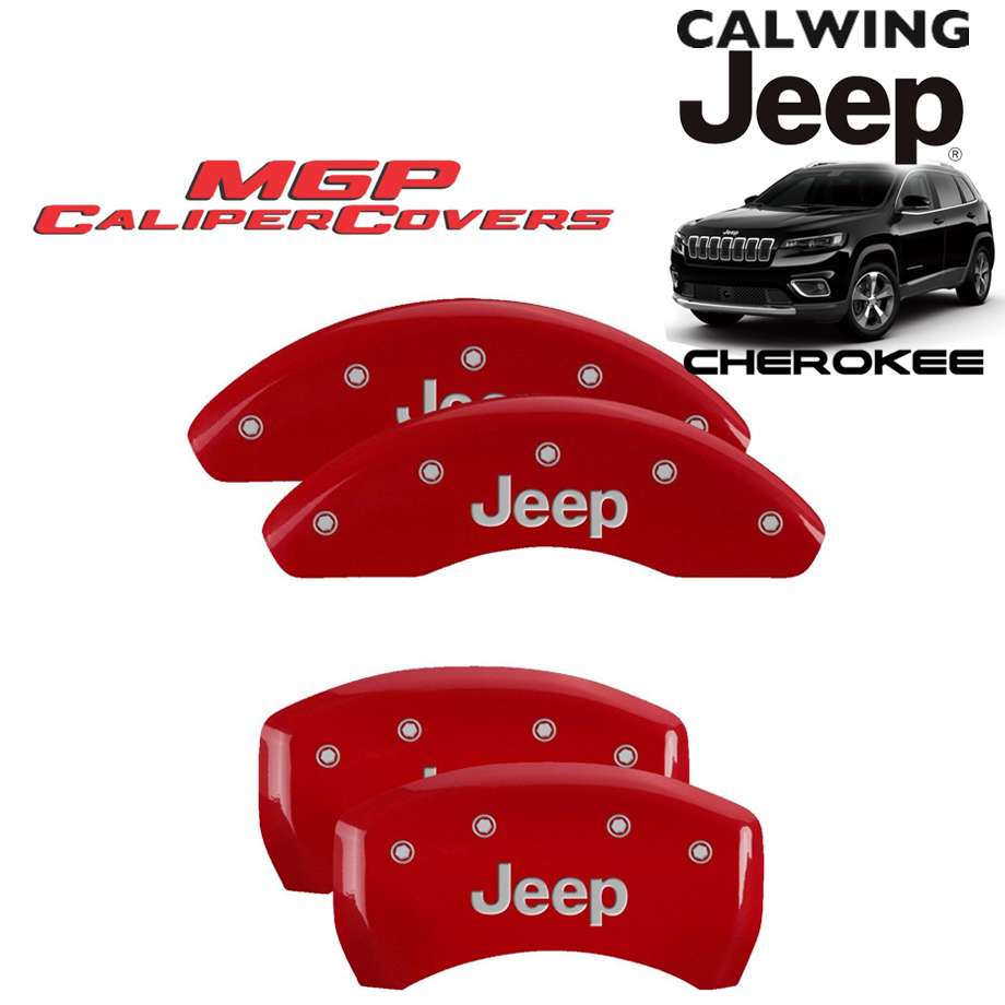 14y- ジープチェロキー フロントシングルピストンキャリパー車 | ブレーキキャリパーカバー ジープロゴ レッド 4PCS MGP