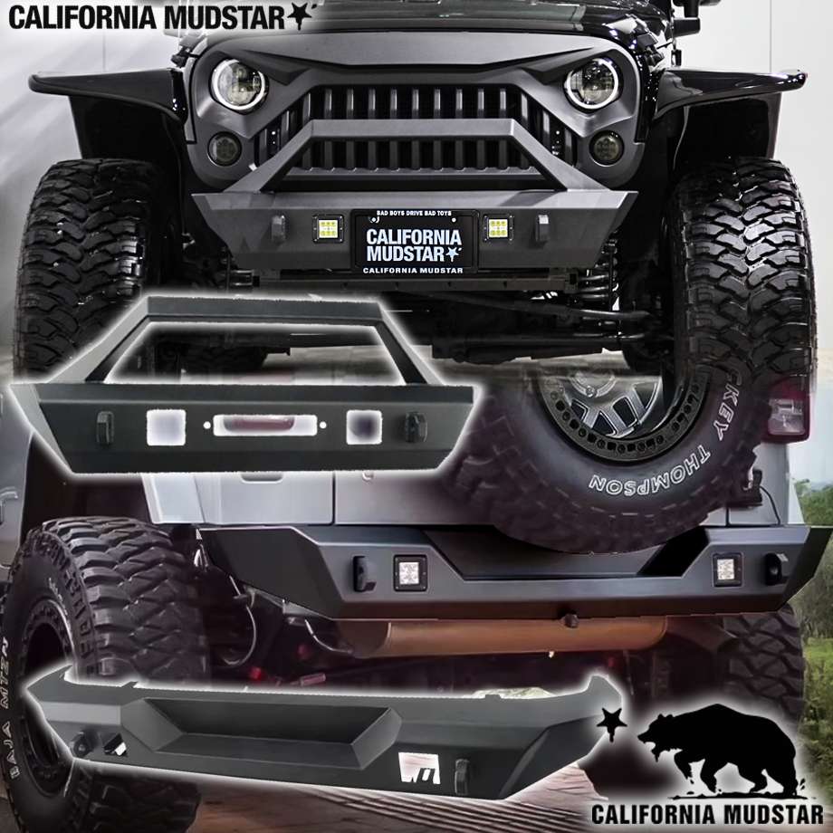 【カリフォルニアマッドスター/CALIFORNIA MUDSTAR★】07-18y ジープ ラングラー JK | アイアンバンパーセット フロント/リア LED/Dリングマウントブラック