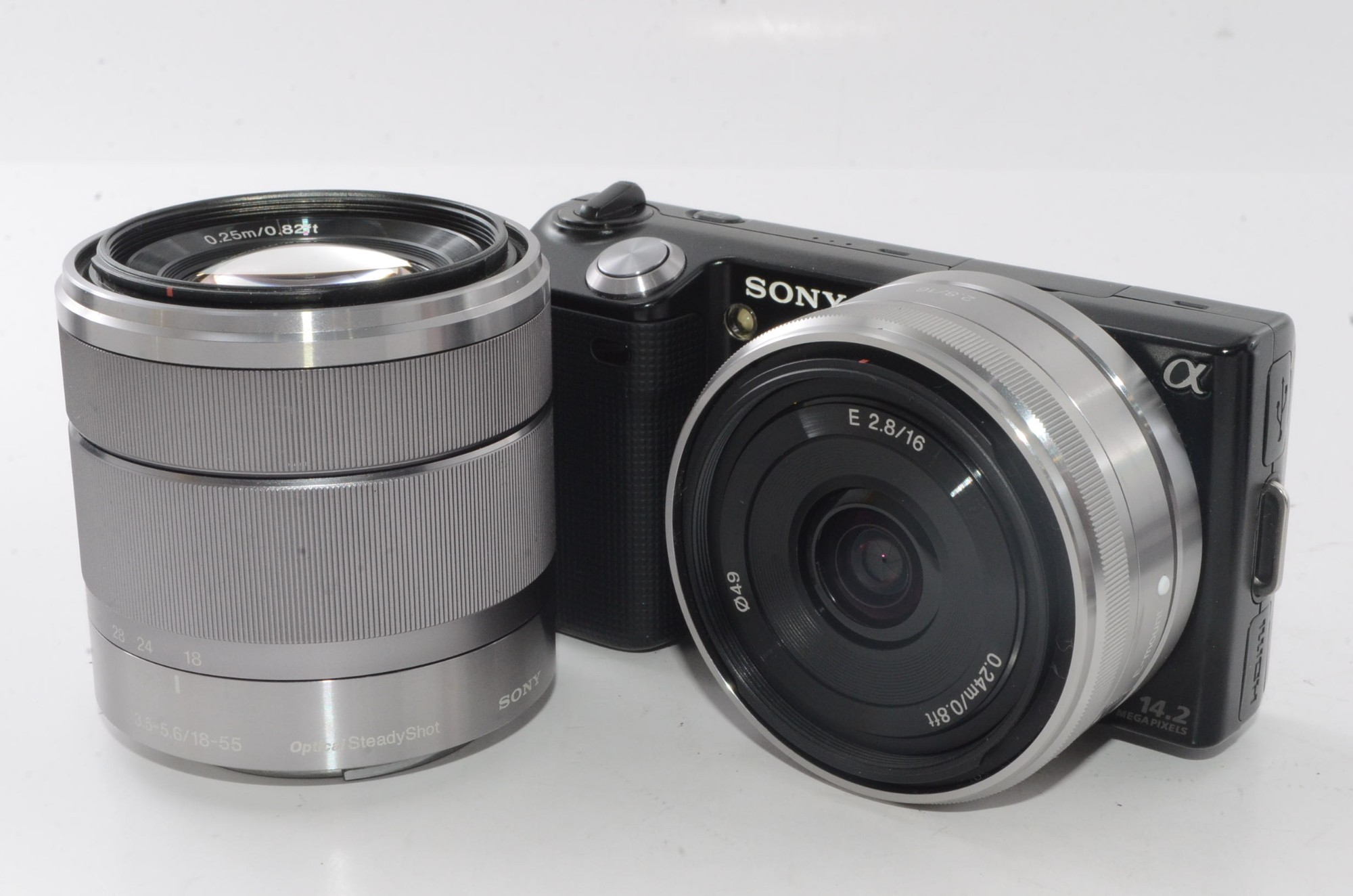 【中古】【押し出し並級】ソニー SONY 鏡鑑受け答え一眼 α NEX-5  ダブルズームレンズキットE16粍 F2.8+E18-55粍 F3.5-5.6  OSS嘱する 黒いこと NEX-5D/B