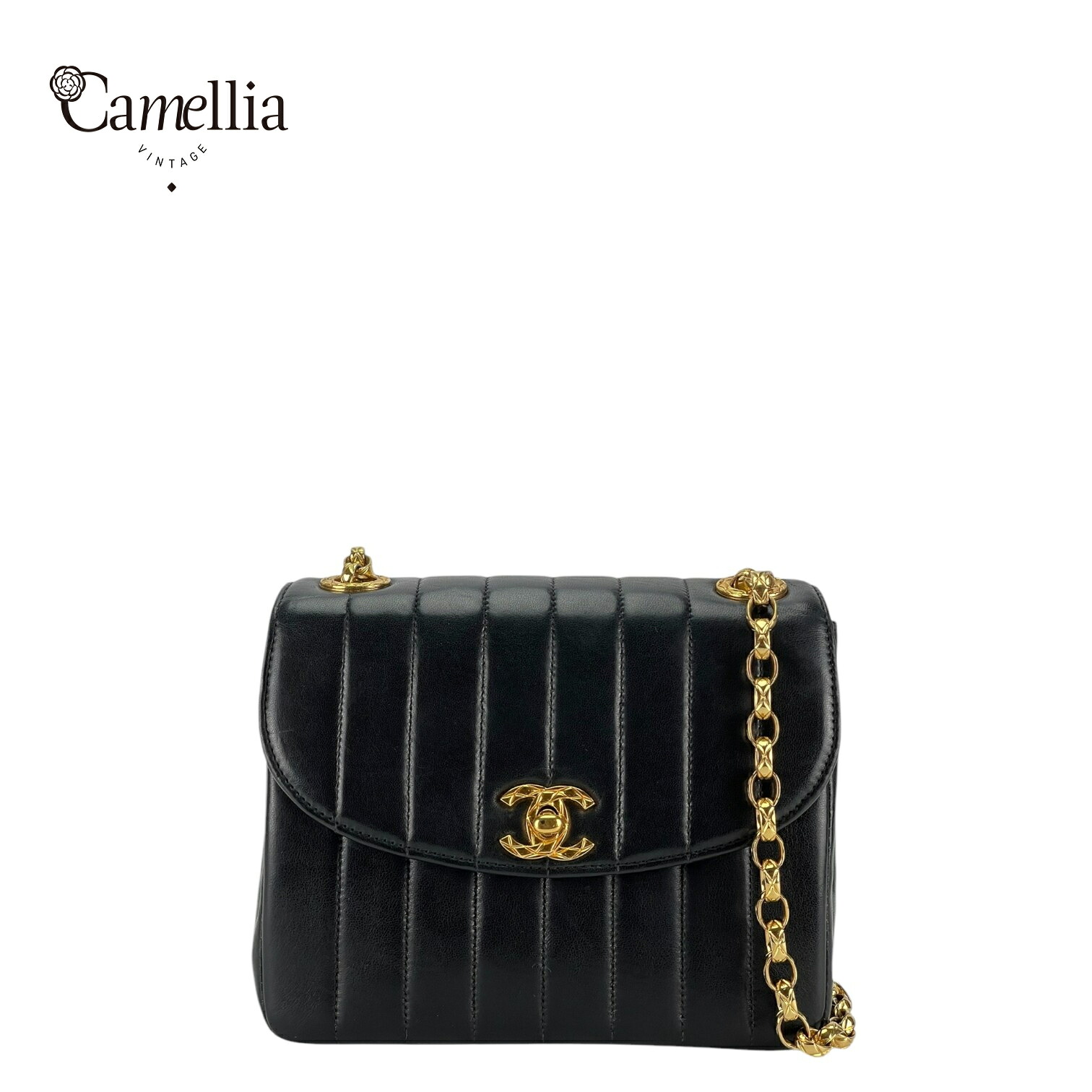 【中古】 CHANEL シャネル マドモアゼル ココマーク ターンロックチェーンショルダーバッグ 黒 ラムスキン レザー ゴールド金具