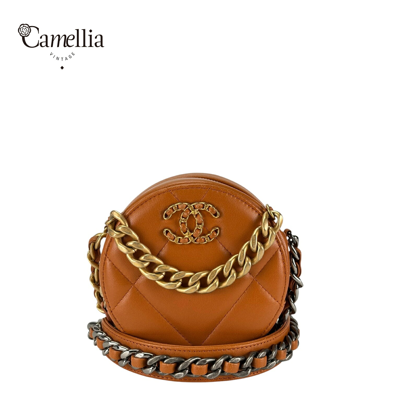 【中古】 CHANEL シャネル ラウンドクラッチ CHANEL19 ブラウン ラムスキン ショルダーバッグ ゴールド?具
