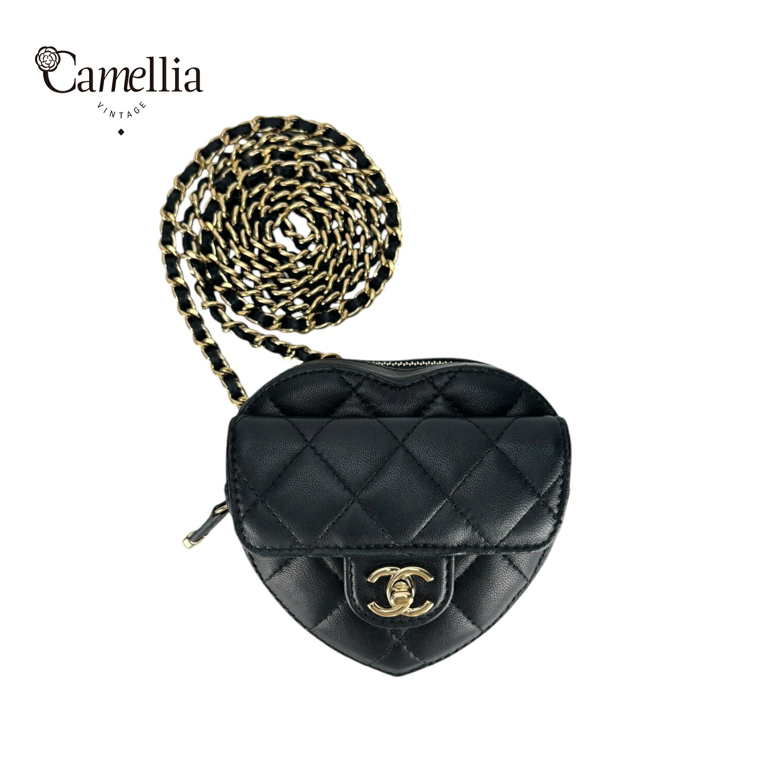 【中古】 CHANEL シャネル マトラッセ ハートチェーンウォレット ブラック ラムスキン ショルダーバッグ レディース ゴールド?具AP2784｜CamelliaVintage