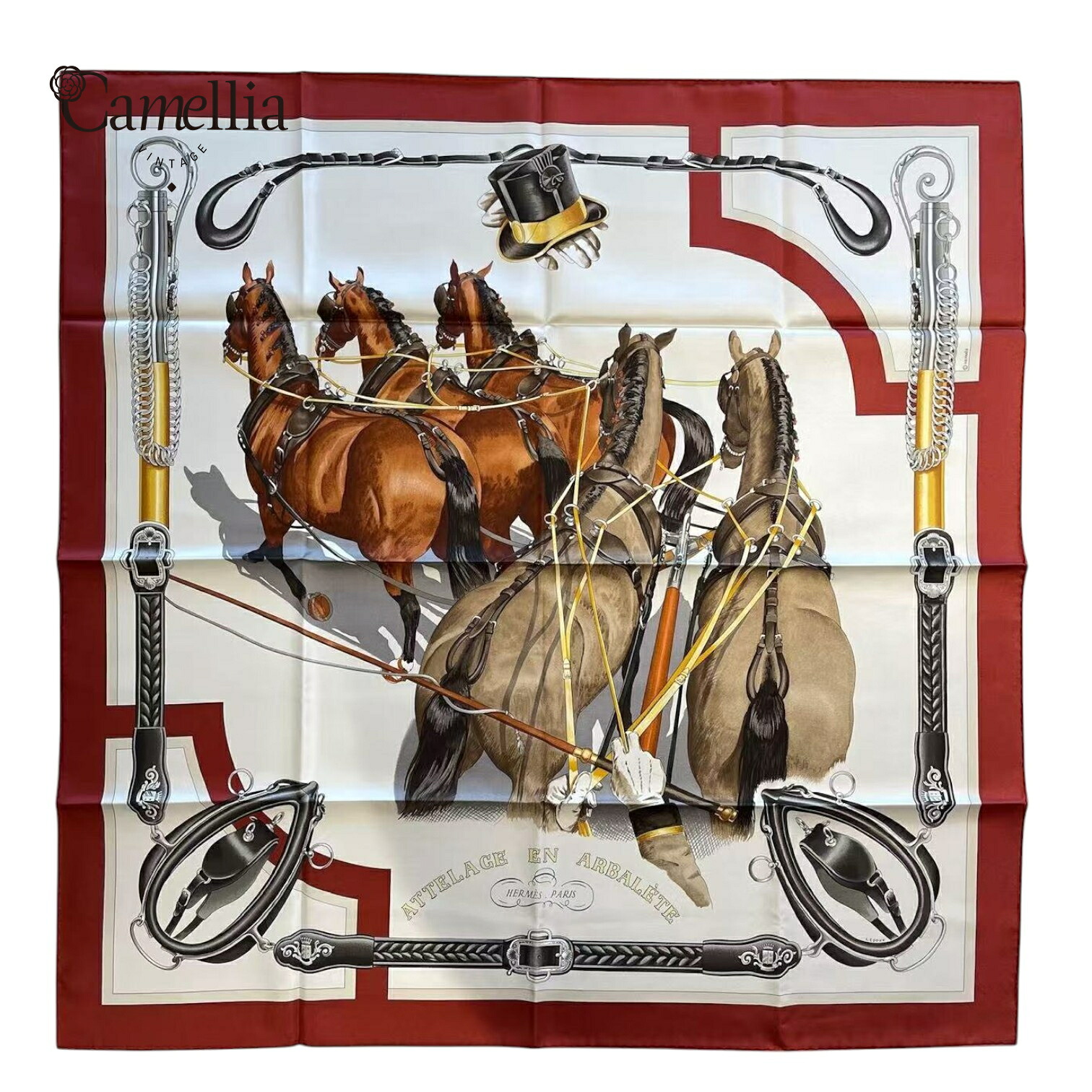 【中古】 Hermes エルメス カレ90《弓形連結》 ルージュ・キュイ グレージュ アルザン シルク100% 小物