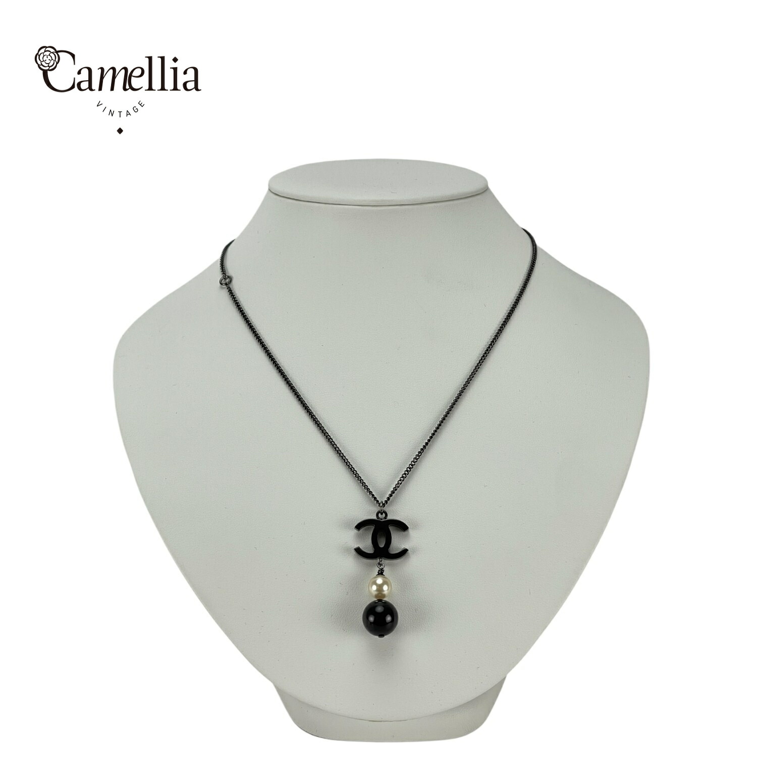 【中古】 CHANEL シャネル ネックレス 14B ココマーク ペンダント ブラック×ホワイト パール調ビーズ チェーンアクセサリー レディース
