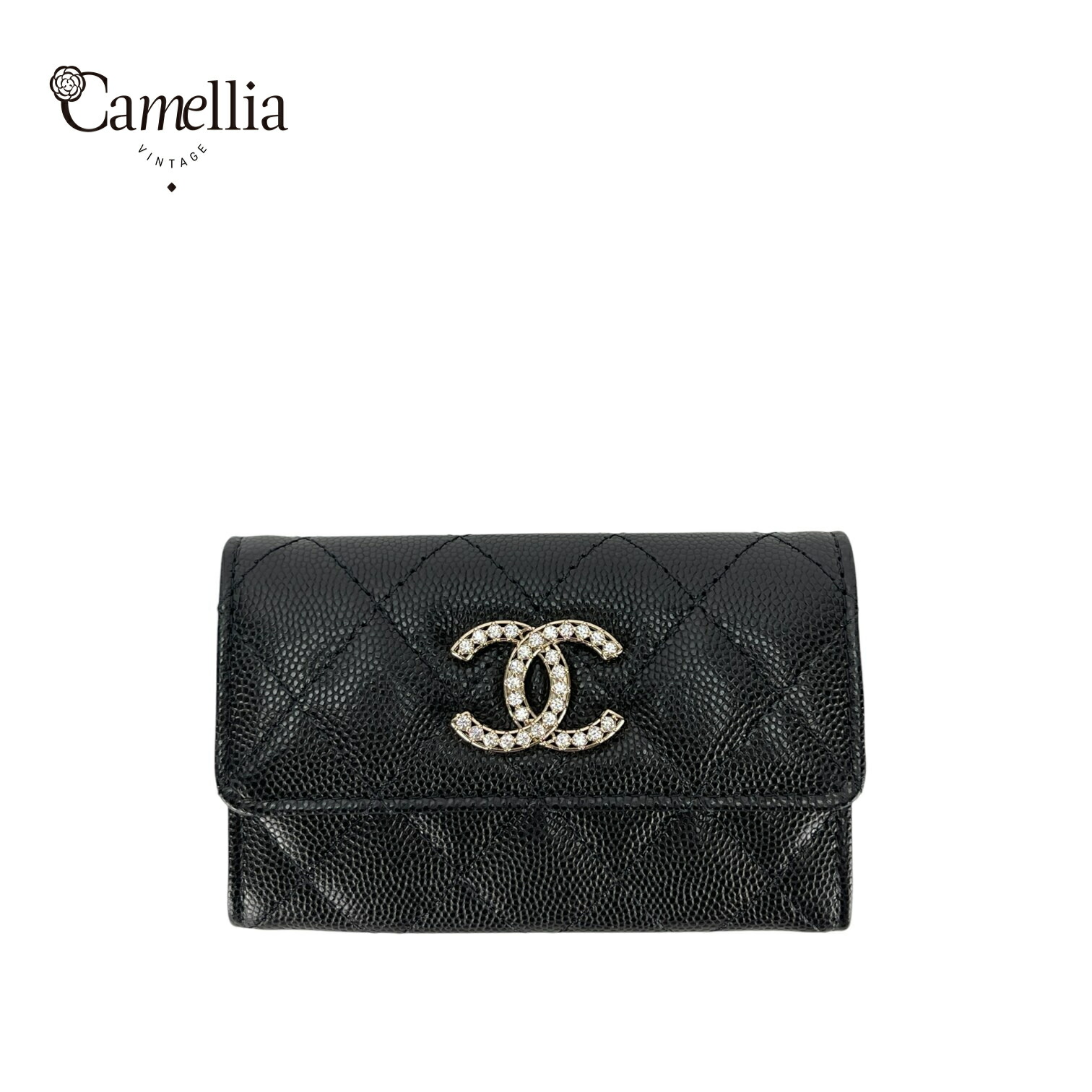 【中古】 CHANEL シャネル 25S ココマーク 三つ折り 財布 マトラッセ Wホック ラインストーン キャビアスキン ブラック レディース AP3400B12928 94305 UNIAE664G28