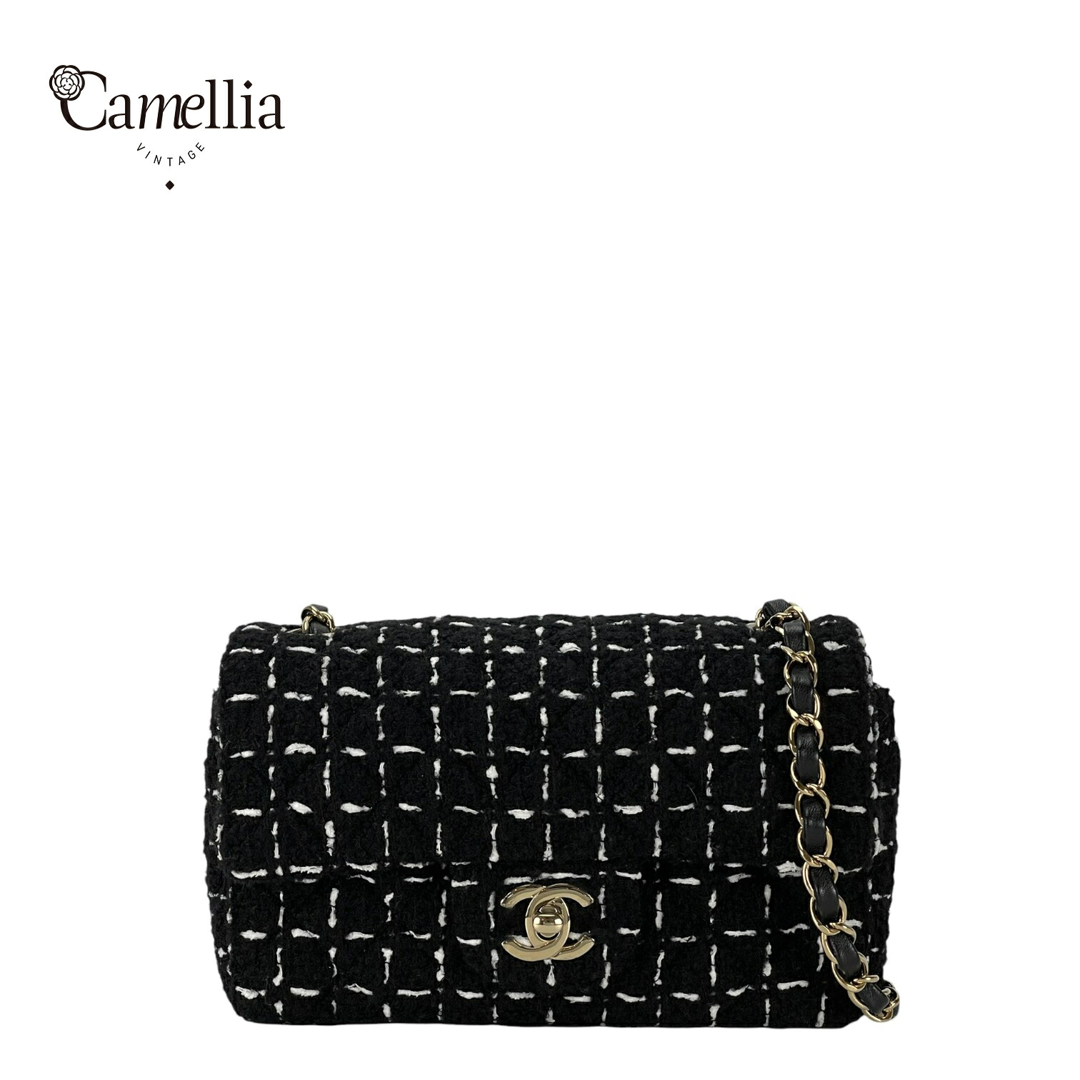 【中古】 CHANEL シャネル クラシックフラップ20 ツイード ブラック×ホワイト ゴールド金具 23K