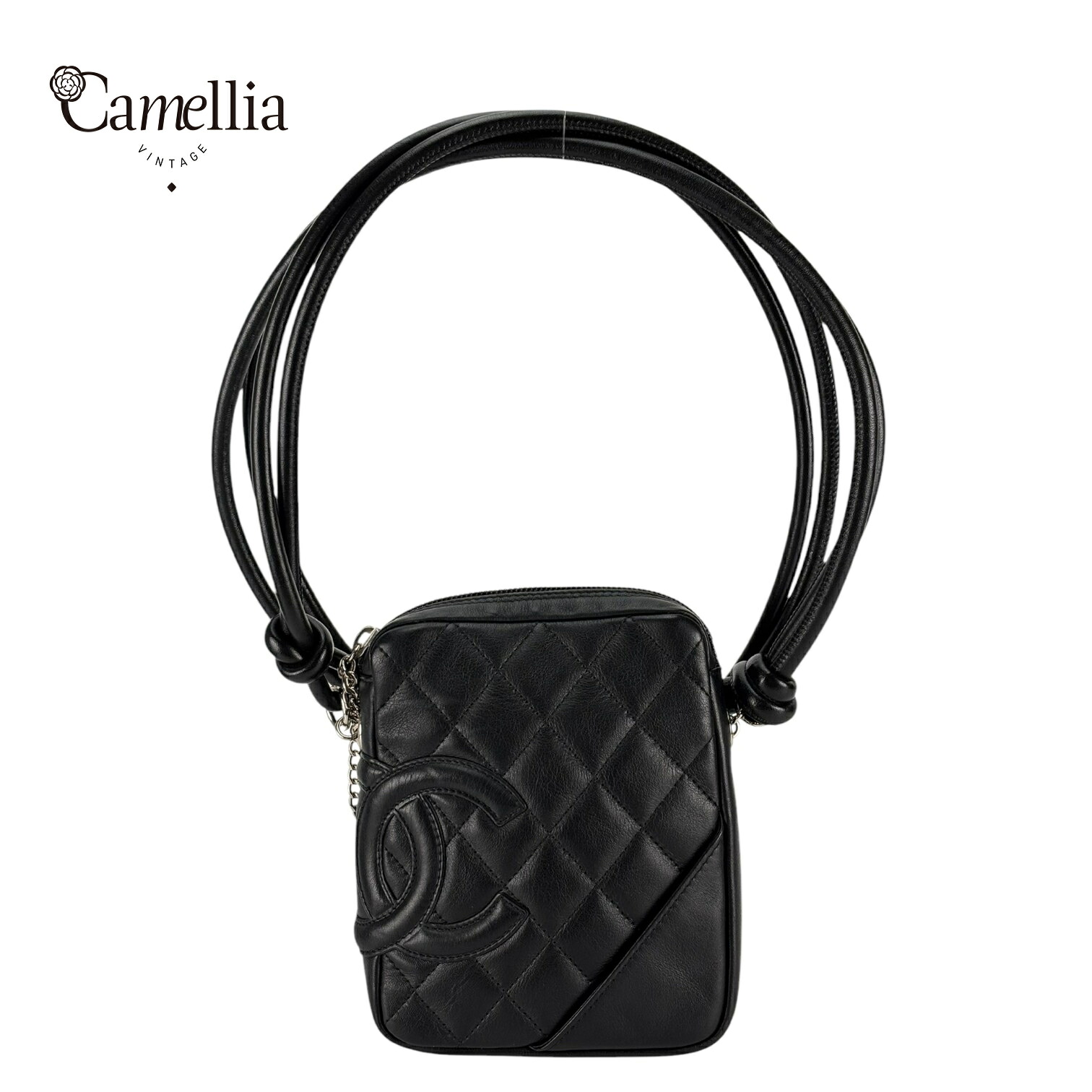 【中古】 CHANEL シャネル オールブラック カンボン縦型カメラ ミニショルダーバッグ カーフスキン シルバー金具