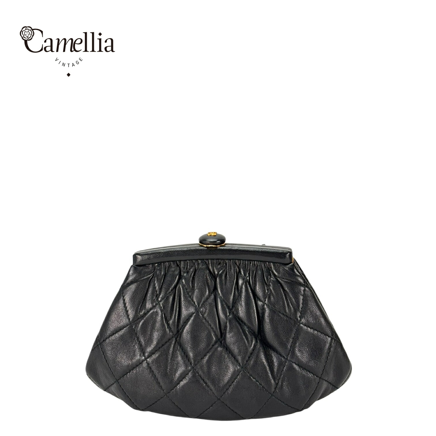 【中古】 CHANEL シャネル ブラック ラムスキン ゴールド金具 がま口 フリンジ彫刻 チェーンウエストバッグ
