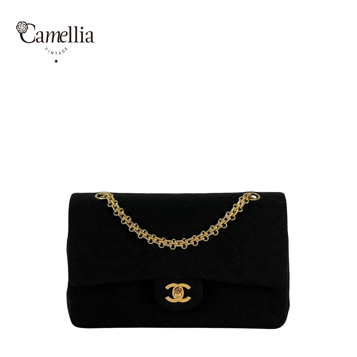 【中古】 CHANEL シャネル マトラッセ25 コットン ダブルフラップ ダブルチェーンバッグ ブラック ゴールド金具 1番台 A01112 レディース