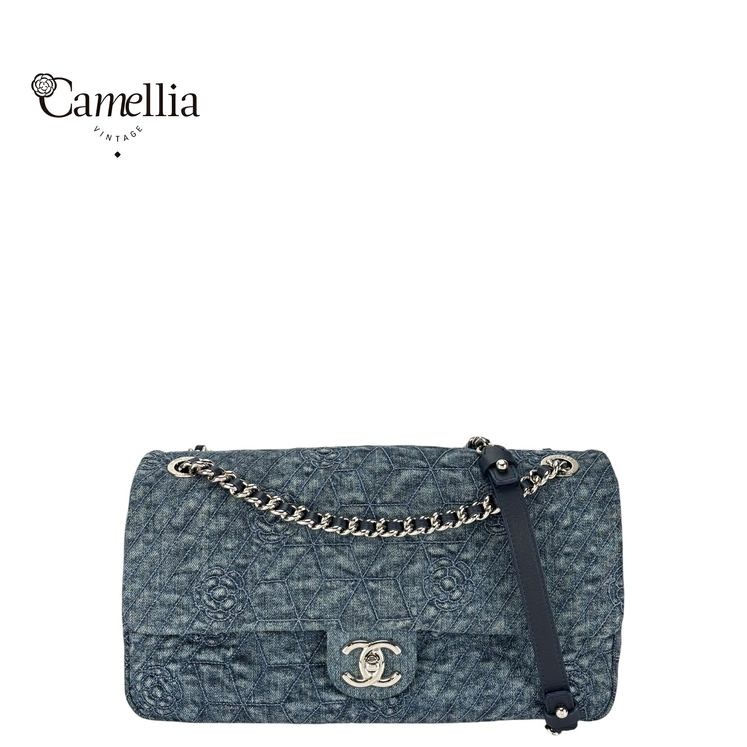 【中古】 CHANEL シャネル マトラッセ チェーンショルダーバッグ デニム ブルー シルバー金具 カメリア刺繍