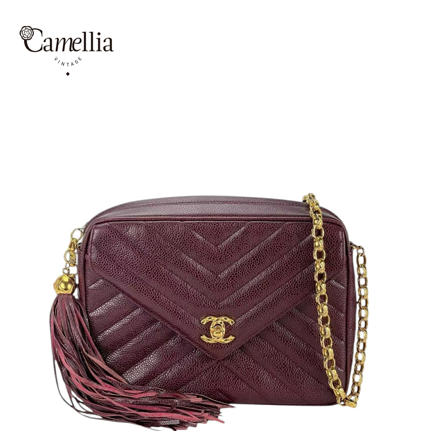 【中古】 CHANEL シャネル Vステッチ フリンジ ターンロック タッセル チェーンショルダーバッグ レッド ヴィンテージ ココマーク キャビアスキンゴールド金具