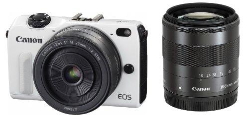 【中古】Canon 銀鏡受け答え一眼写真機 EOS M2 ダブルレンズキット(白いこと) EF-M18-55粍 F3.5-5.6 IS STM EF-M22粍 F2 STM属する EOSM2WH-WLK