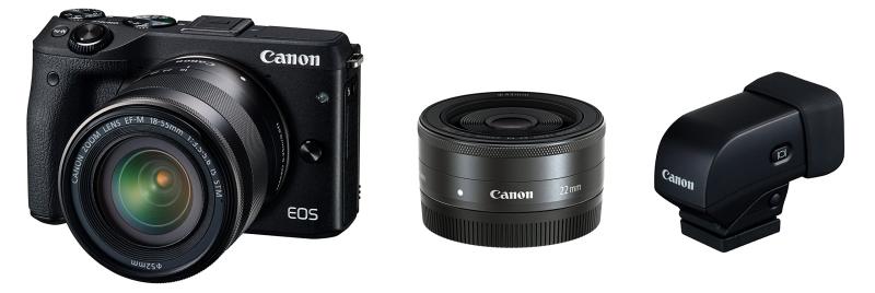 【中古】Canon 鏡鑑受け答え一眼写真機 EOS M3 ダブル水晶体EVF一揃いの道具(黒いこと) EF-M18-55粍 F3.5-5.6 IS STM EF-M22粍 F2 STM 嘱する EOSM3BK-WLEVFK