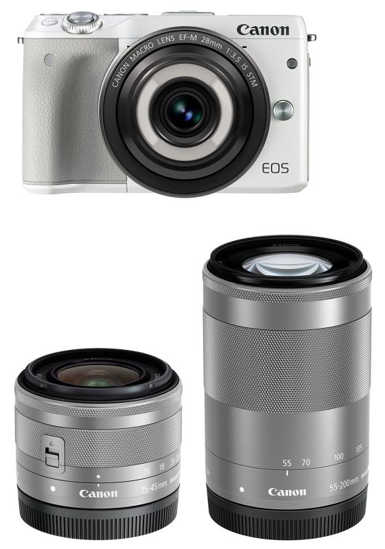 【中古】Canon 鏡鑑受け答え一眼写真機 EOS M3(白いこと)・創造的マクロ命令 トリプルレンズキット EOSM3WH-CMTLK