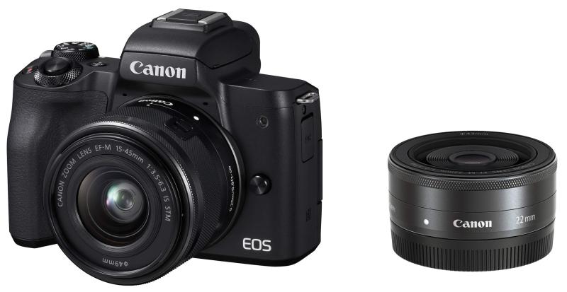 【中古】Canon 銀鏡受け答え一眼写真機 EOS Kiss M ダブルレンズキット 黒いこと EOSKISSMBK-WLK