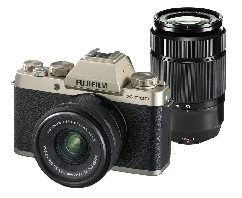 【中古】FUJIFILM 銀鏡受け答え一眼 X-T100ダブルズームレンズキット 三鞭酒ゴールド X-T100WZLK-G
