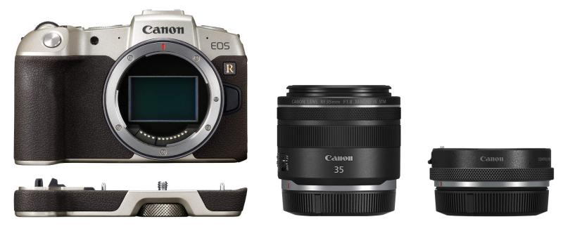 【中古】Canon 鏡鑑受け答え一眼 写真機 EOS RP ゴールド・RF35 MACRO IS STM マウントアダプタSP一揃いの道具