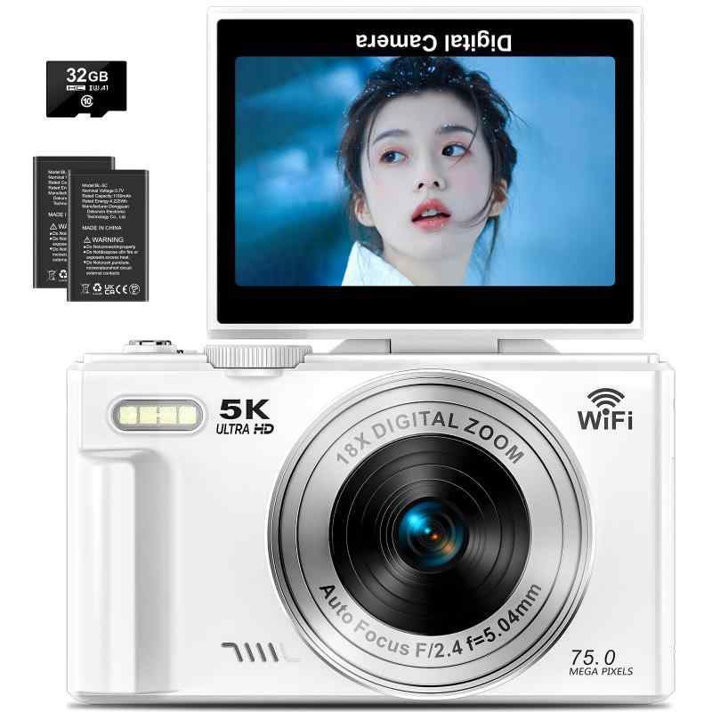 【中古】 デジカメ 5K 7500万画素 Wi-Fi機能 デジタル 18倍デジタルズーム 180度回転可能 スクリーン AFオートフォーカス 3.0" IPS画面 自撮り 32GBマイクロSDカード付き リチウムイオン電池 2 個付き 小型|カメラFanks-PROShop 店