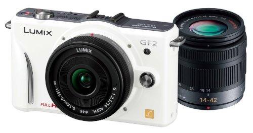 【中古】パナソニック 鏡鑑受け答え一眼写真機 GF2 ダブルレンズキット(14粍/F2.5ホットケーキ水晶体、14-42粍/F3.5-5.6標準尺度望遠レンズ嘱する) フルハイビジョンムービー一眼 外殻白いこと DMC-GF2 W-W