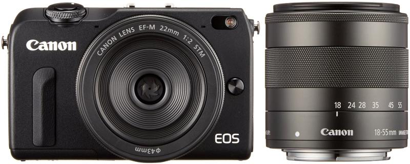 【中古】Canon 鏡鑑受け答え一眼写真機 EOS M2 ダブルレンズキット(黒いこと) EF-M18-55粍 F3.5-5.6 IS STM EF-M22粍 F2 STM嘱する EOSM2BK-WLK