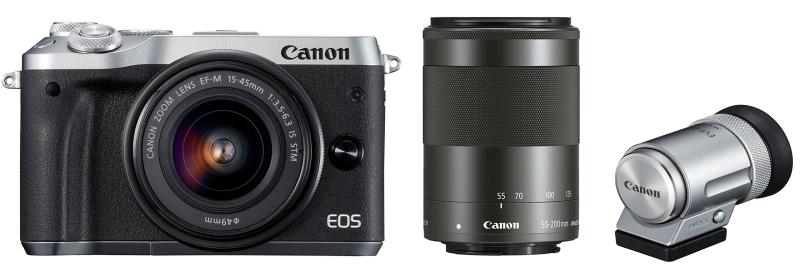 【中古】Canon 鏡鑑受け答え一眼写真機 EOS M6 ダブル望遠レンズEVF一揃いの道具(しろがね色) EF-M15-45粍/EF-M55-200粍 嘱する EOSM6SL-WZEVFK
