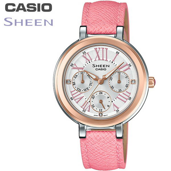 CASIO カシオ レディース 腕時計 カレンダー レザー スワロフスキー ピンク she-3034bgl-7a