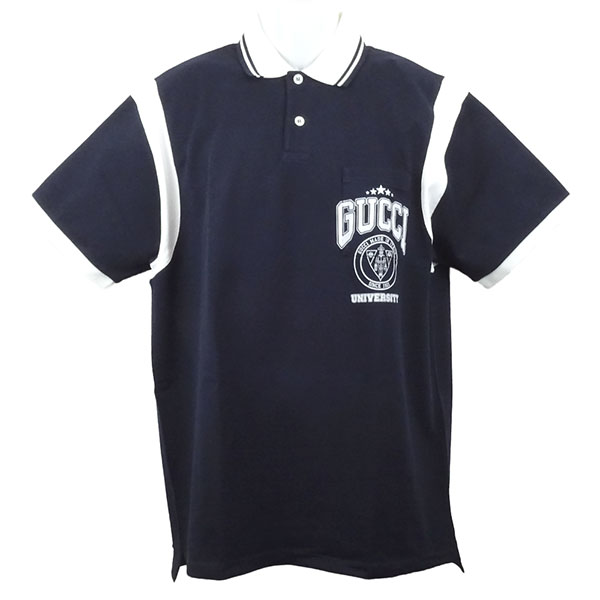 GUCCI ポロシャツ コットンピケ　ネイビー ストライプ サイズM Cotton polo shirt in black | GUCCI® GR