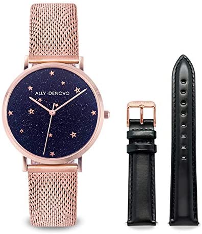 ウオッチ 星 メッシュ 替え三尺帯 分かりやすいALLY DENOVO アリーデノヴォ AF5017-4取り替えっこ三尺帯書き割り レディース STARRY NIGHT 石英 米国海軍 サクラ色ゴールド 黒いこと 並行輸入品 新遣って行く かっこいい 雨合羽