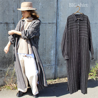 ＜月間目覚ましい販売店賞51回勝ち取る＞【 リネン 縞模様 ビッグ プルオーバー 】着丈130珊 リネン100％ プルオーバー衣裳 縞模様 薄墨色 ゆったり 体型取りまかなう 高身の丈 トール大きさ 落っこちる肩肉 レディース 衣裳 マキシ ロング 長袖 羽織り 非対称